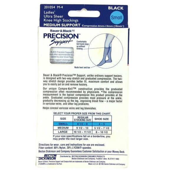 Bauer & Black Precision Support Ultra Sheer Knee High Stockings Small Black - Picture 2 of 3